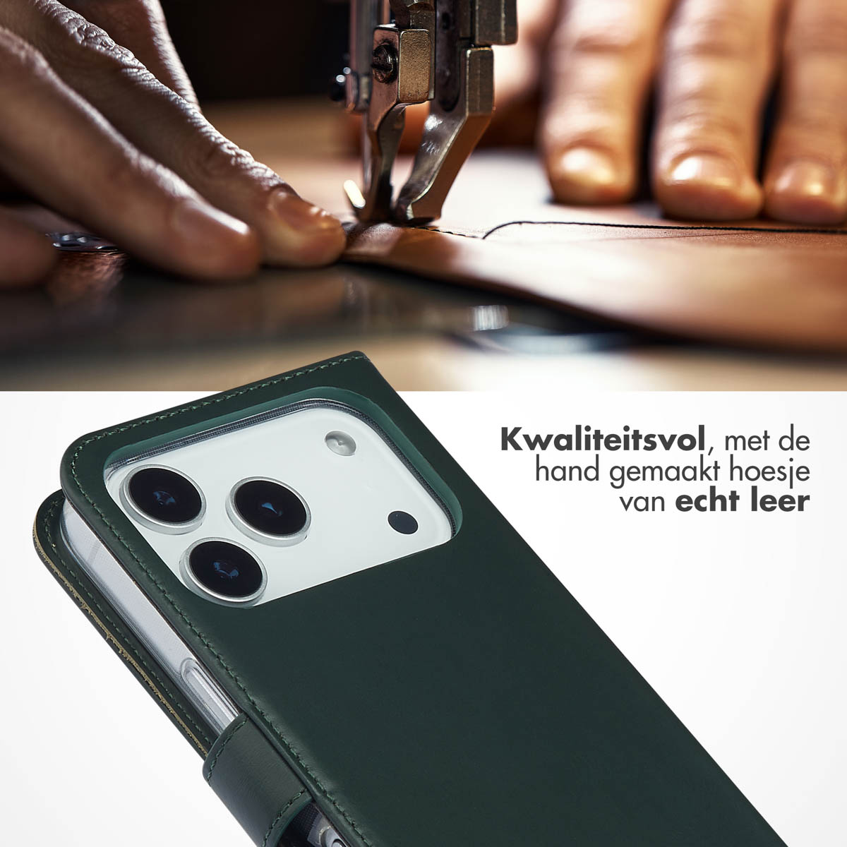 Donkergroene lederen wallet case voor een telefoon met drie cameralenzen, getoond met een focus op vakmanschap.