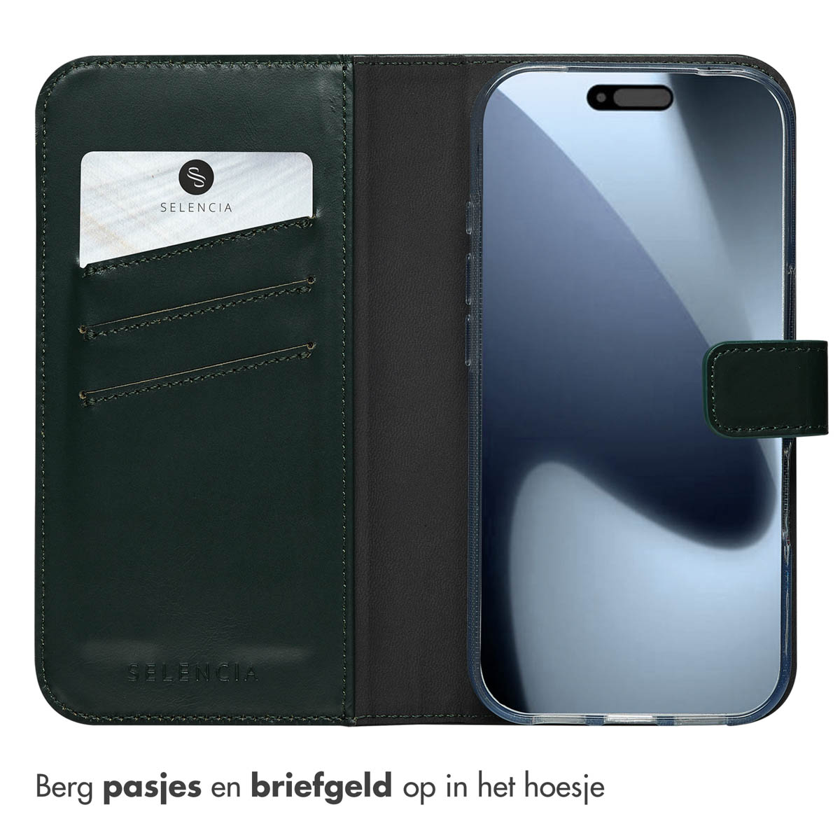 Donkergroene lederen wallet case voor een telefoon met kaartvakken, die de opslagmogelijkheden laat zien.