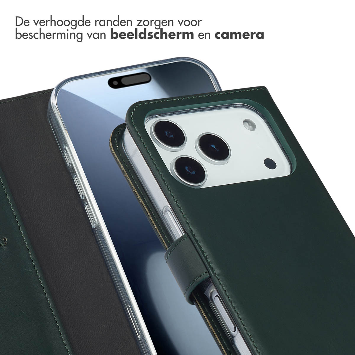 Donkergroene lederen wallet case met verhoogde randen, die het telefoonscherm en de cameralenzen beschermt.