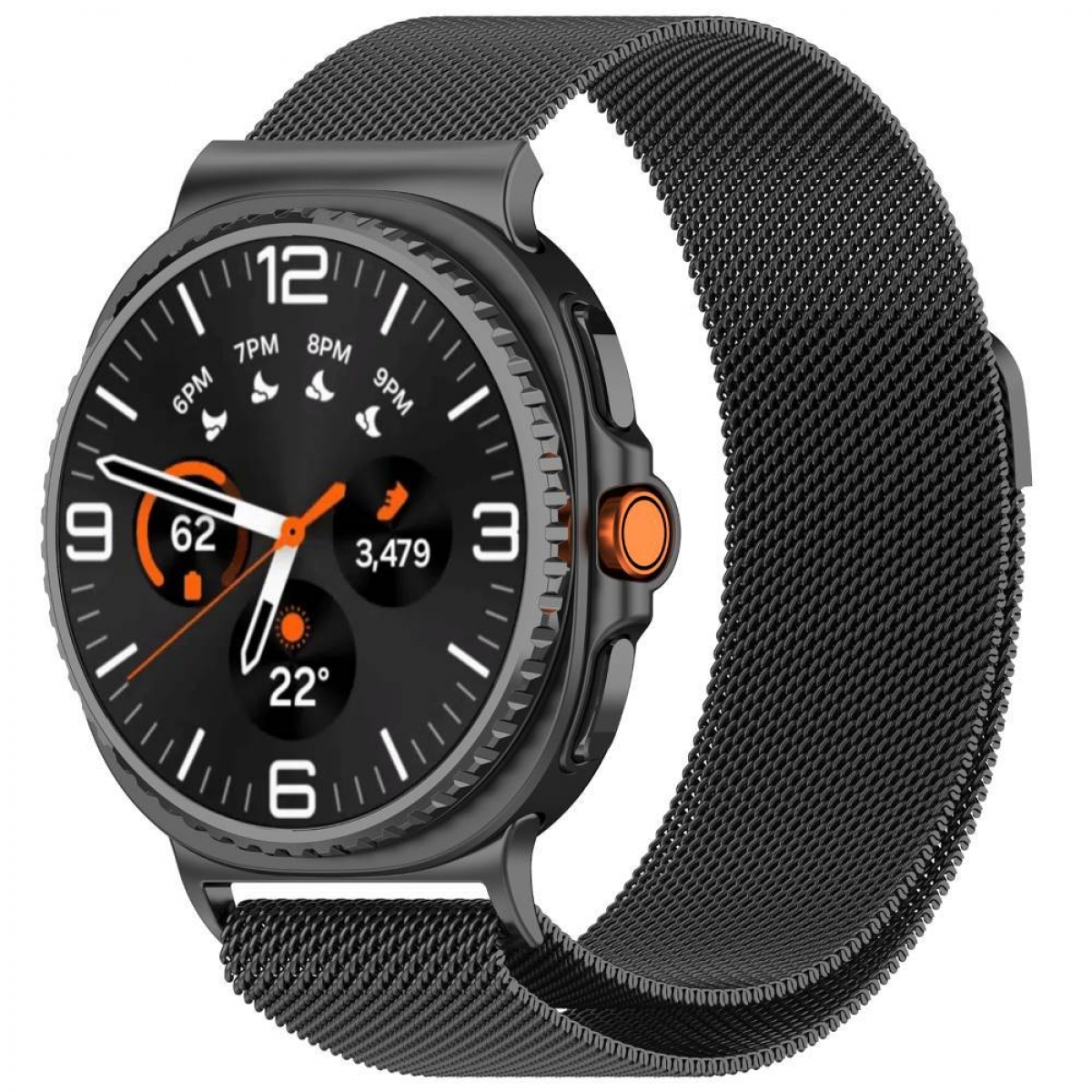 Das Bild zeigt eine Smartwatch mit einem schwarzen Mailänder-Armband, die Uhrzeit, Datum und Gesundheitsfunktionen auf dem Bildschirm anzeigt.