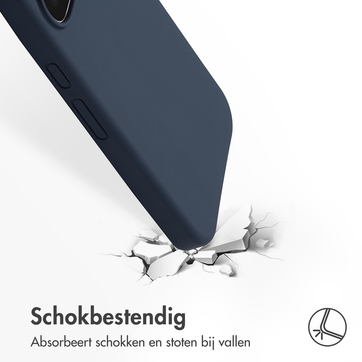 Una custodia blu del telefono che cade su pezzi bianchi con testo olandese sotto.
