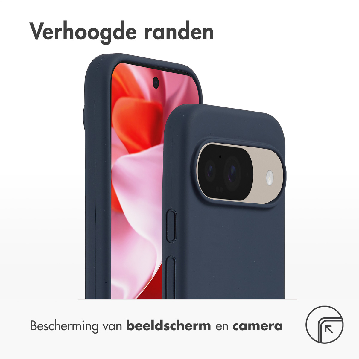 Una custodia blu per telefono con bordi rialzati e schermo rosa, vista angolata.