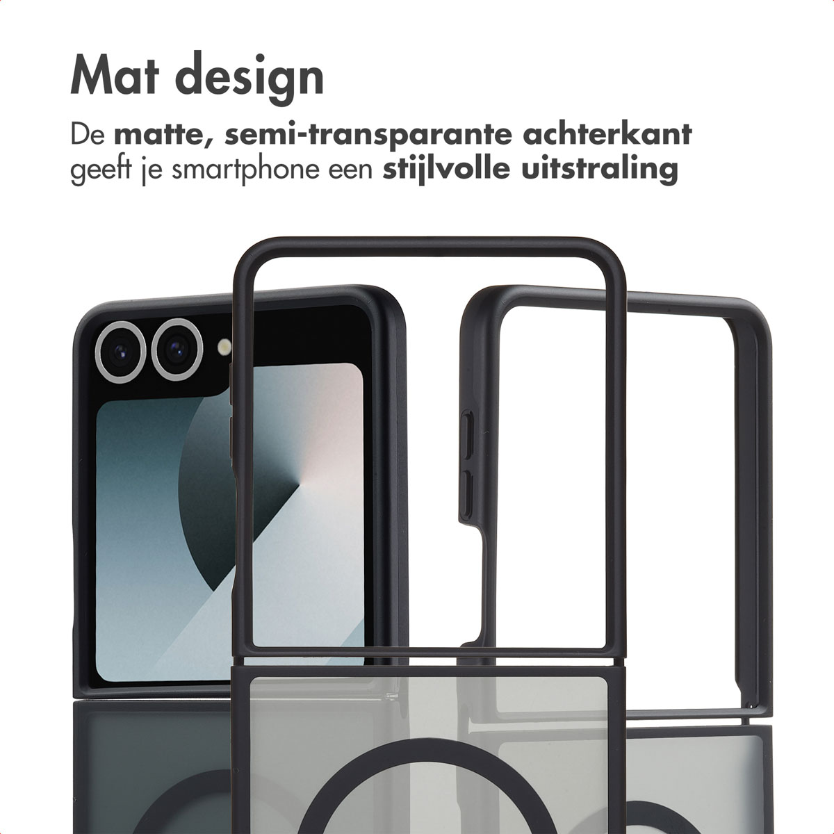 Zwarte telefoonhoes met een telefoon erin, de semi-transparante achterkant.