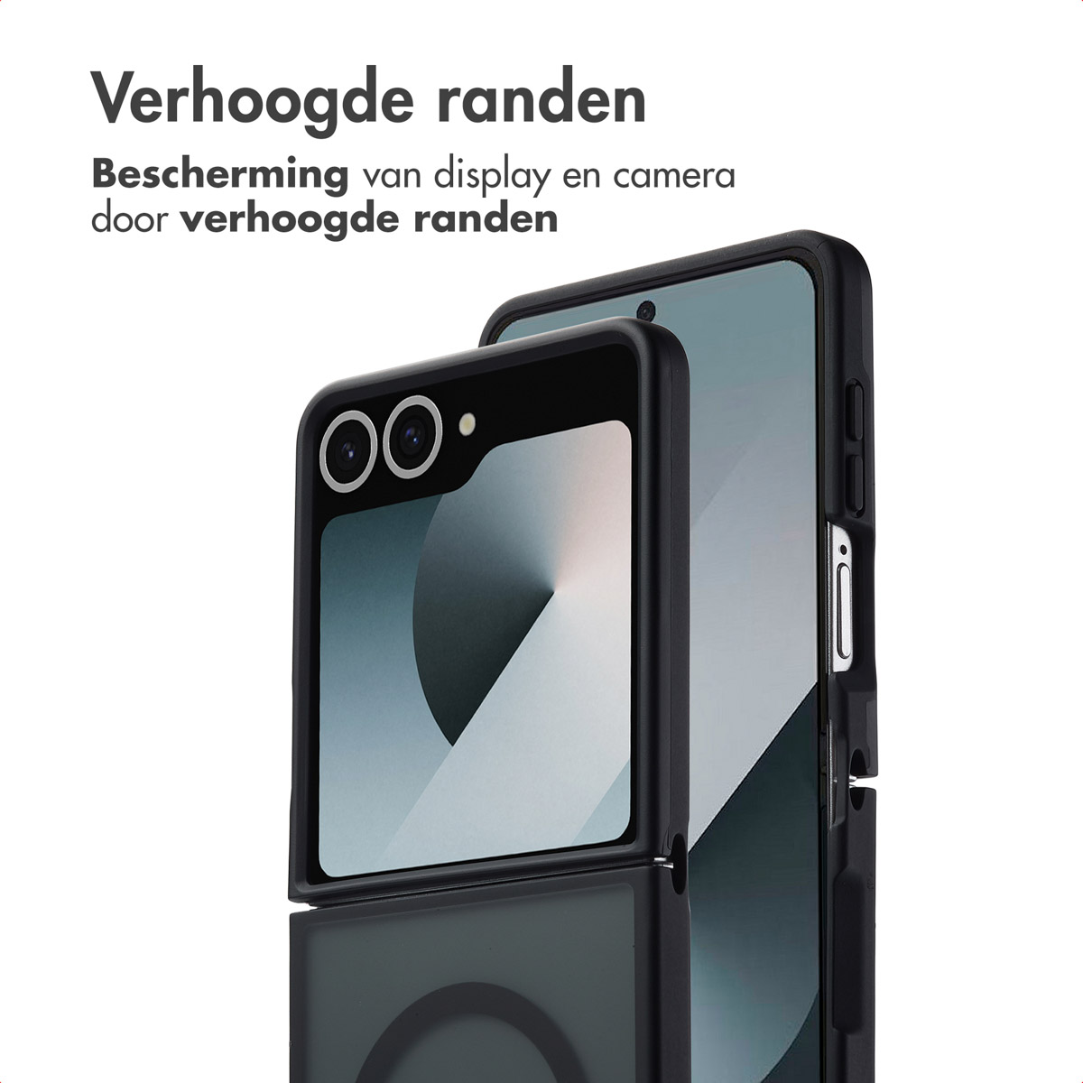 Zwarte telefoonhoes met telefoon erin, met verhoogde randen voor bescherming.