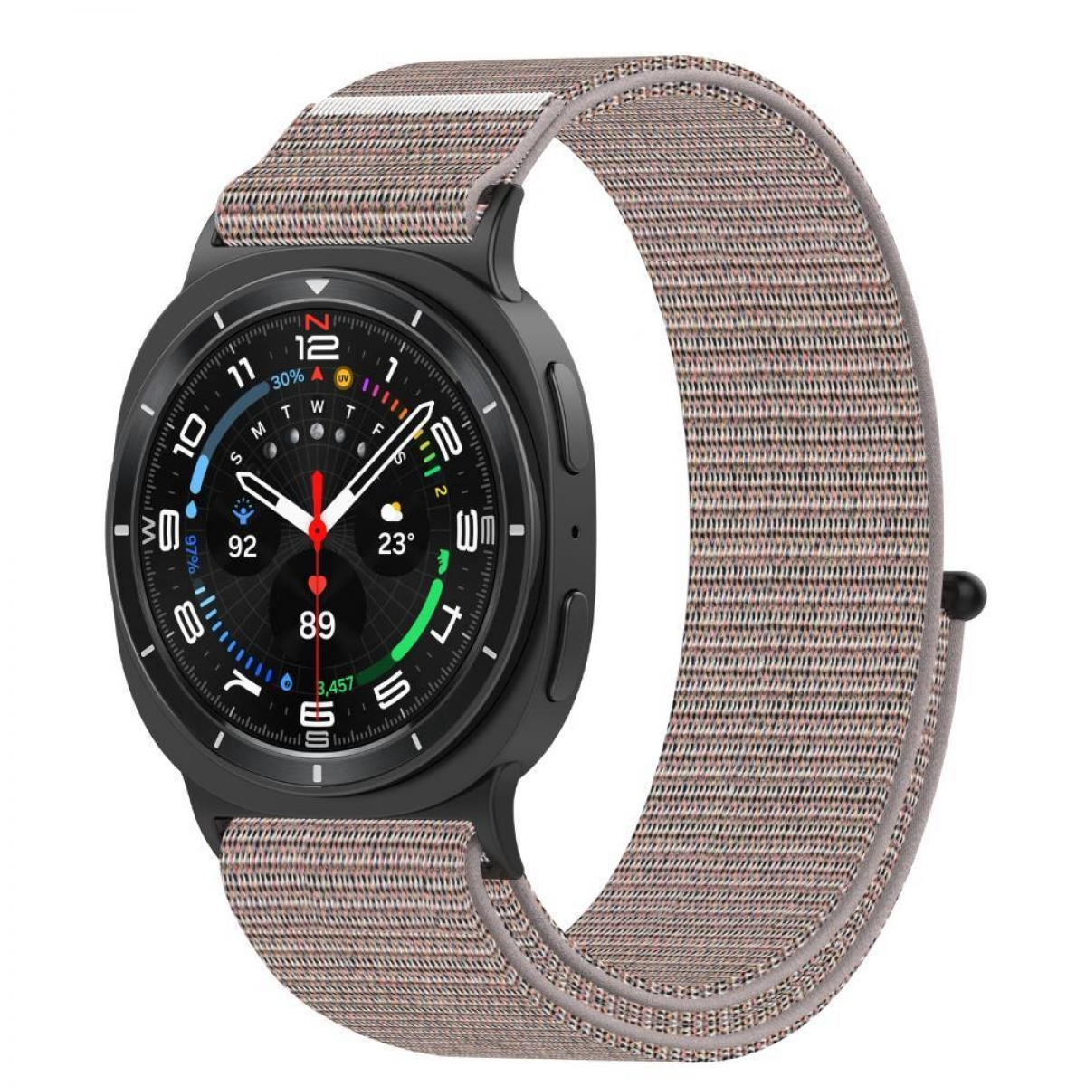 Eine Smartwatch zeigt ein farbenfrohes Zifferblatt mit Gesundheitsstatistiken, kombiniert mit einem beigen gewebten Armband.