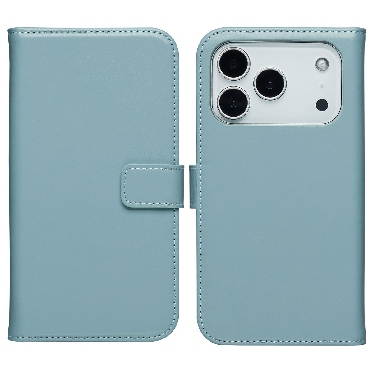 Blauwe telefoonhoes met telefoon erin, de camera en flap zichtbaar.