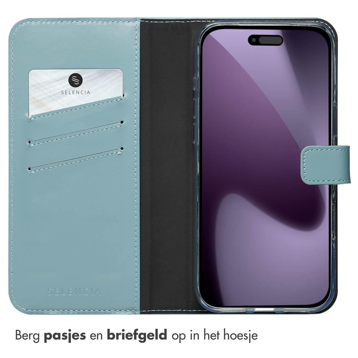 Open lichtblauwe telefoonhoes met kaartsleuven, met een telefoon met een paars scherm.