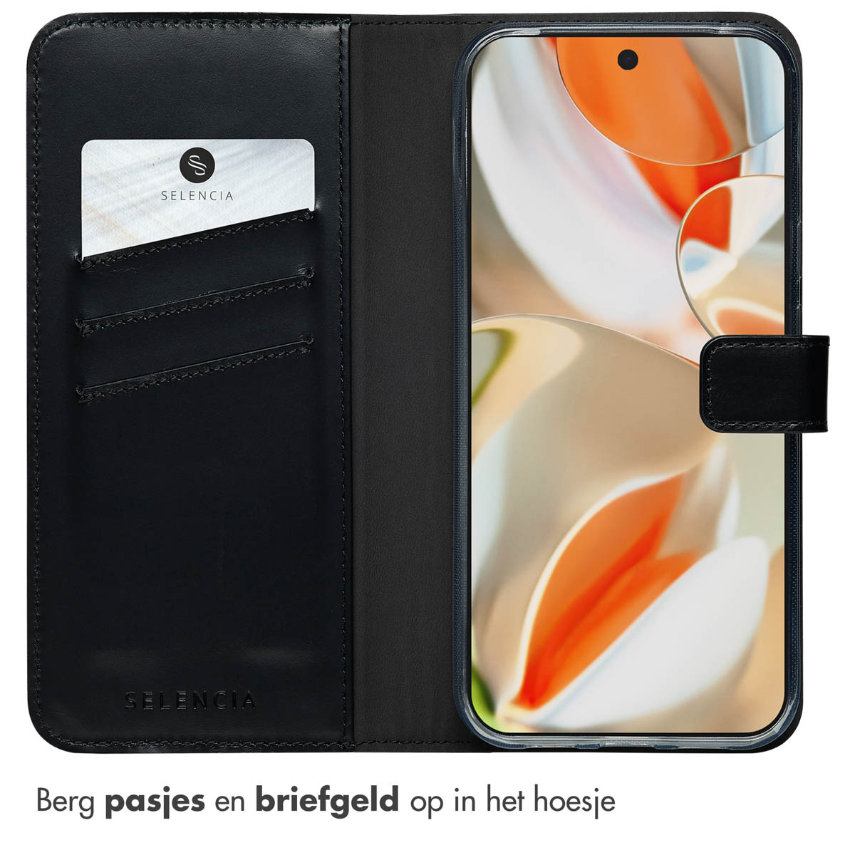Offene schwarze Handyhülle mit Kartenfächern, die ein Handy mit einem leuchtend orangefarbenen floralen Bildschirm zeigt.