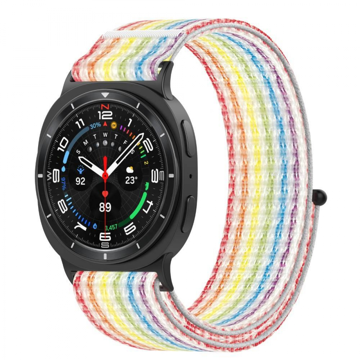 Eine Smartwatch mit einem Regenbogen-Textilarmband, das ein Zifferblatt mit verschiedenen Metriken anzeigt.