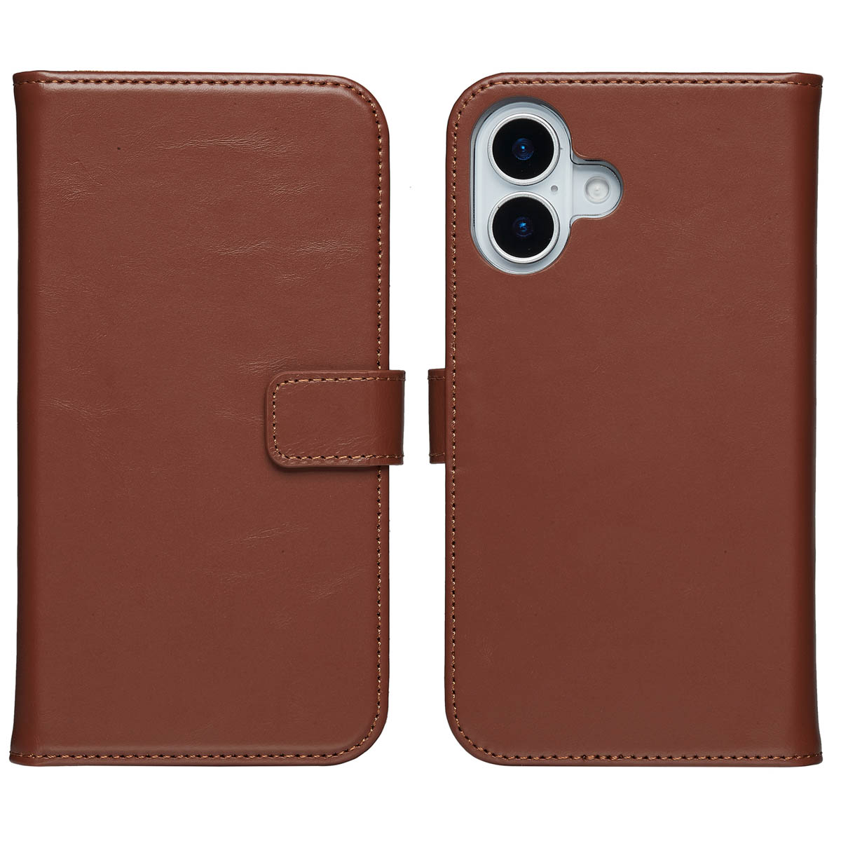 Een bruine leren telefoonhoes met een magnetische sluiting en camera-openingen.