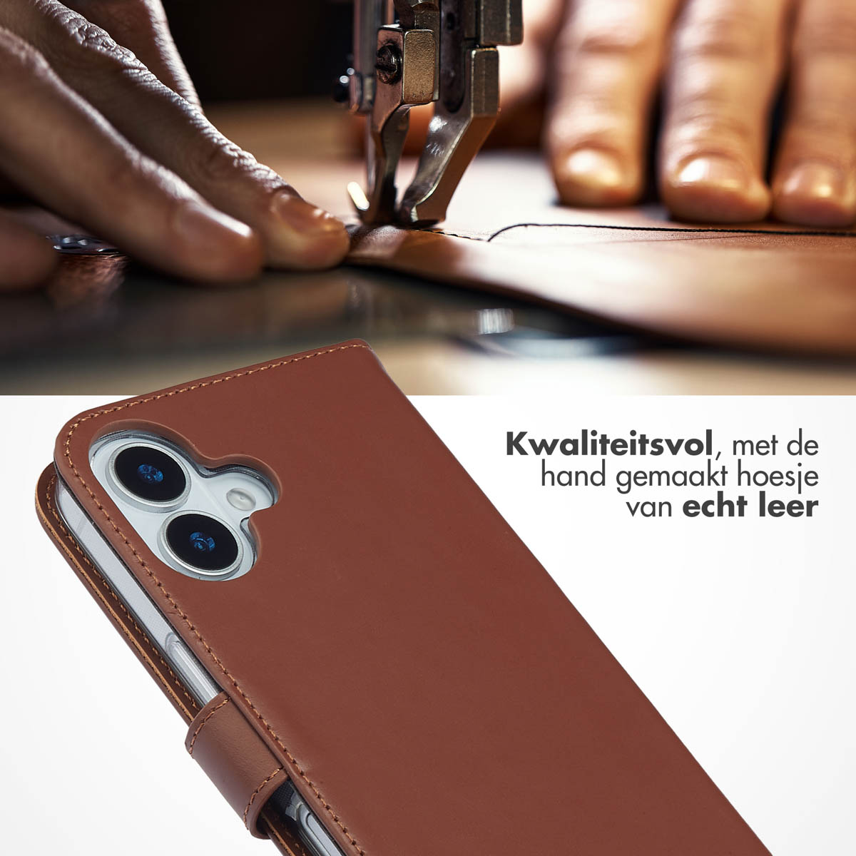 Bruine leren telefoonhoes naast een naaimachinenaald, die vakmanschap laat zien.