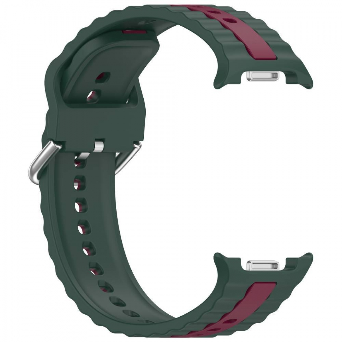 Dunkelgrünes Uhrenarmband mit bordeauxroten Akzenten und silbernen Metallverbindern, sportliches Design.