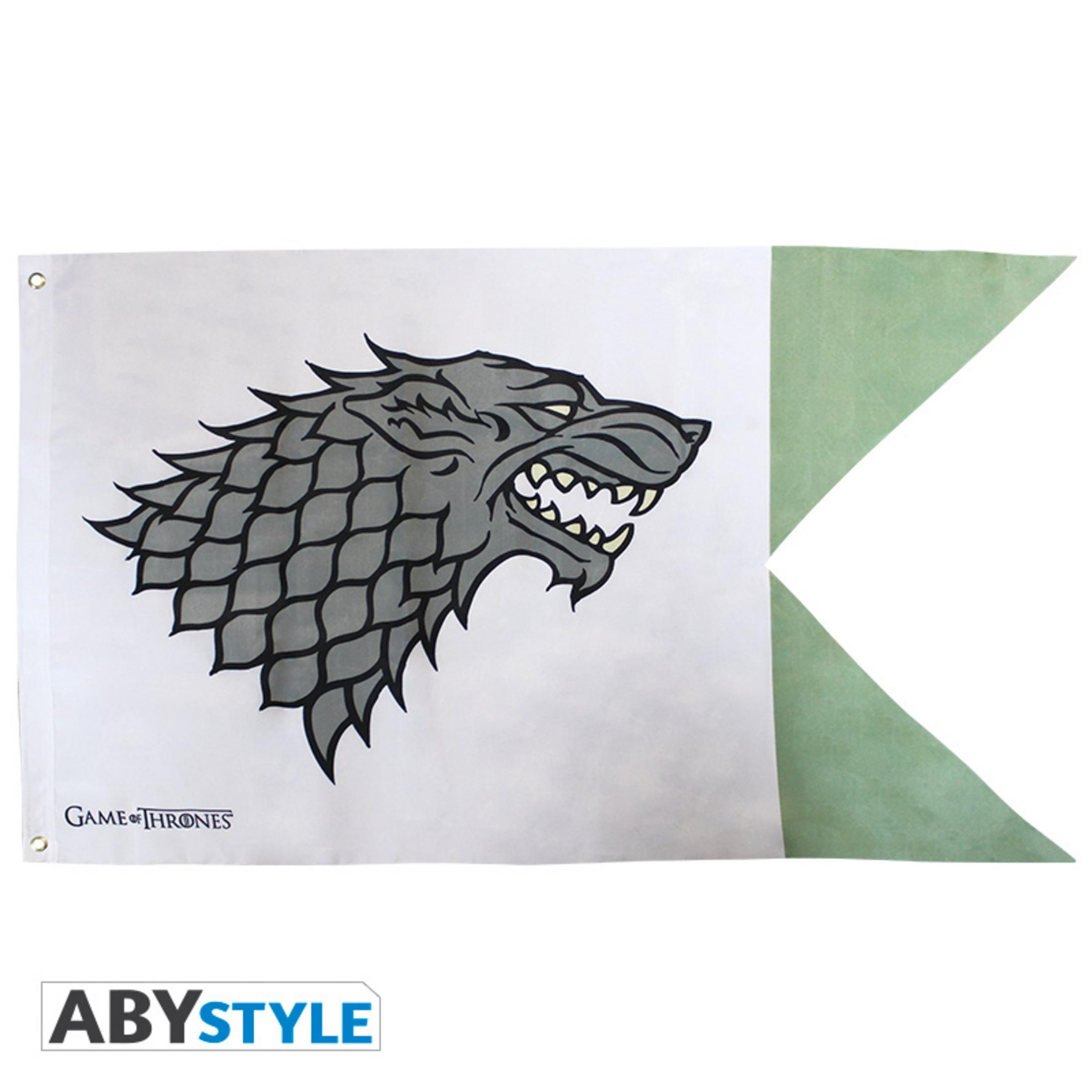 Eine weiße Flagge mit einem grauen Schattenwolfkopf aus Game of Thrones. Die Flagge hat einen grünen Schwanz.