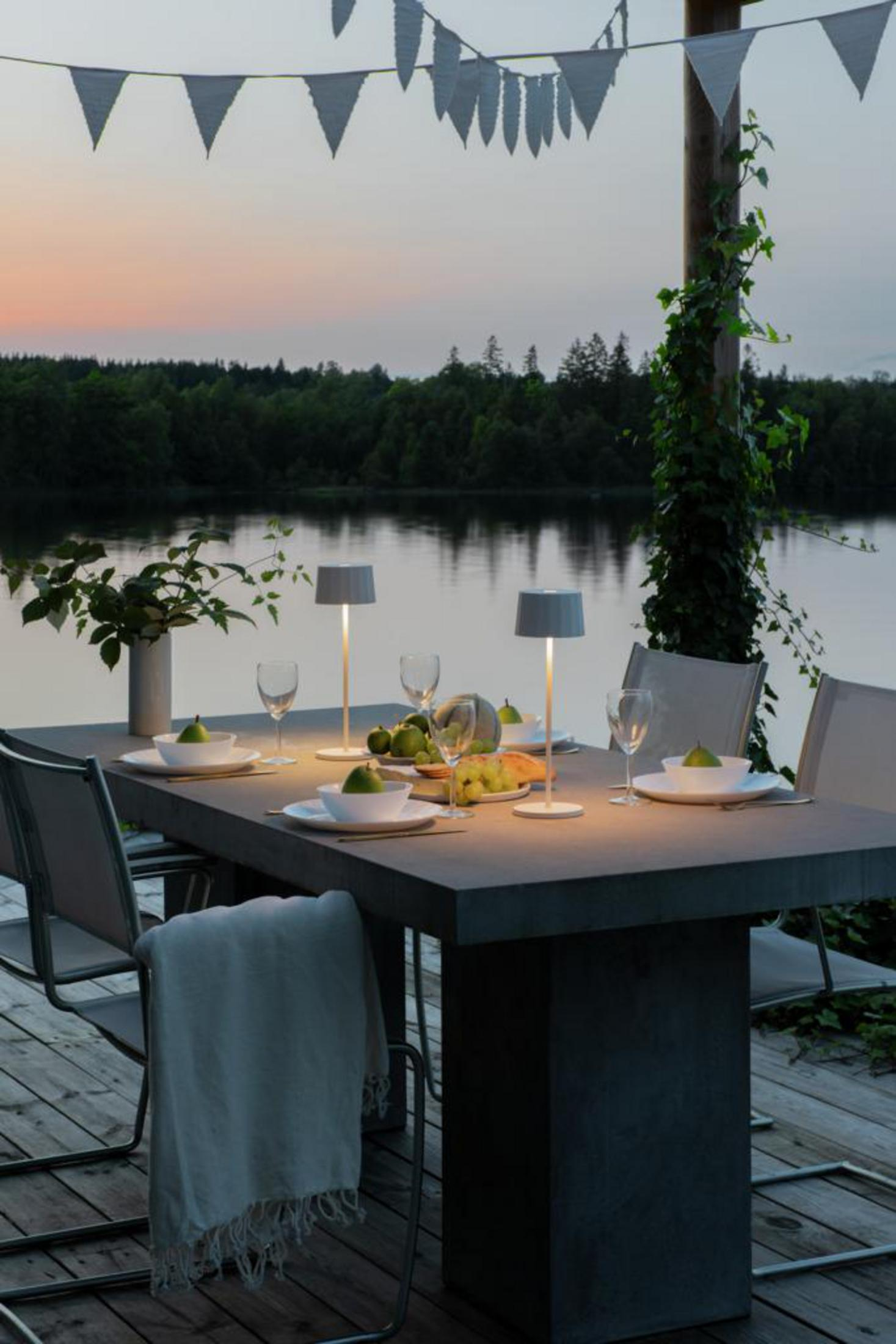 Esstisch im Freien mit See und Bäumen im Hintergrund in der Abenddämmerung, beleuchtet von Stehlampen.