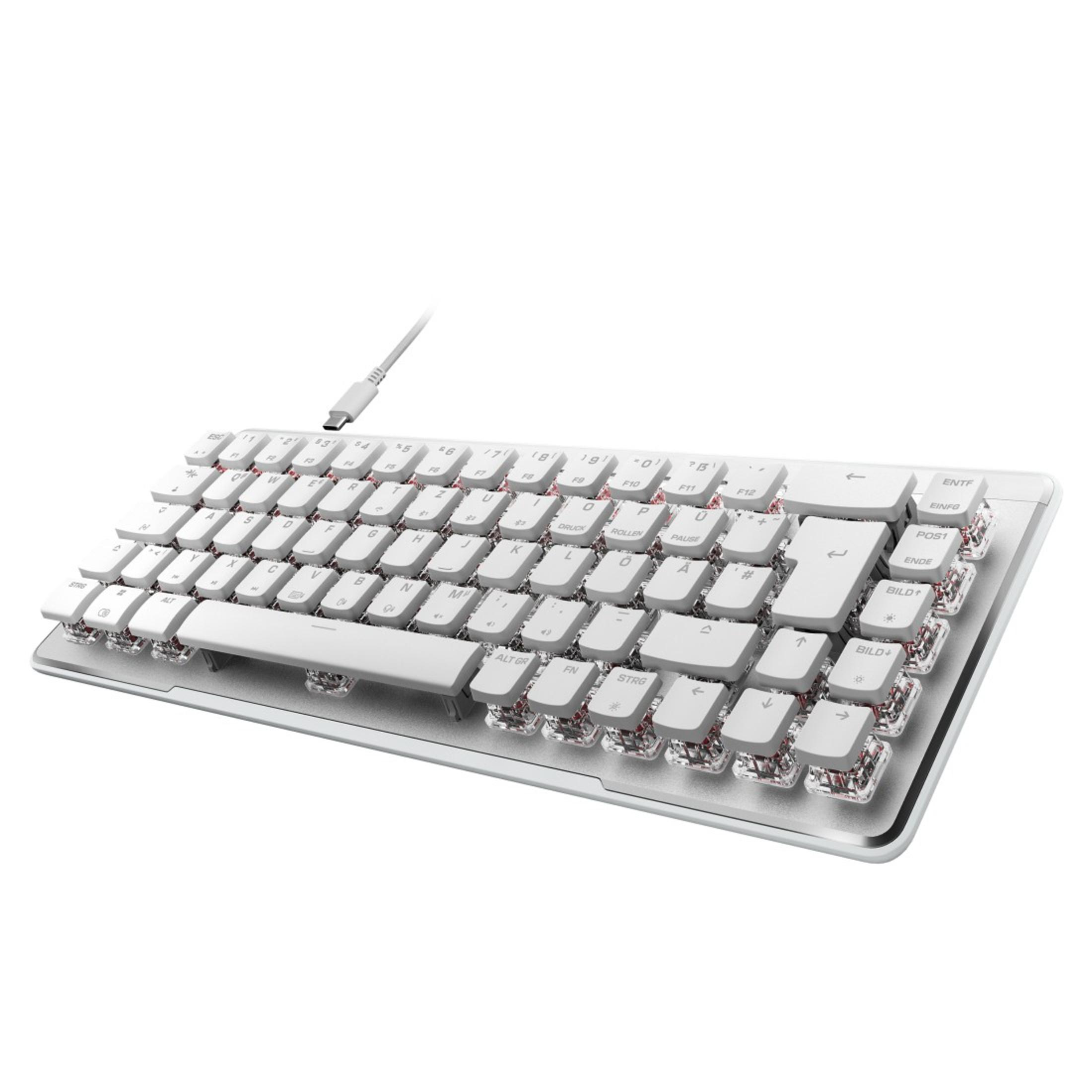 Weiße mechanische Tastatur mit weißen Tastenkappen und USB-Kabel auf weißem Grund.