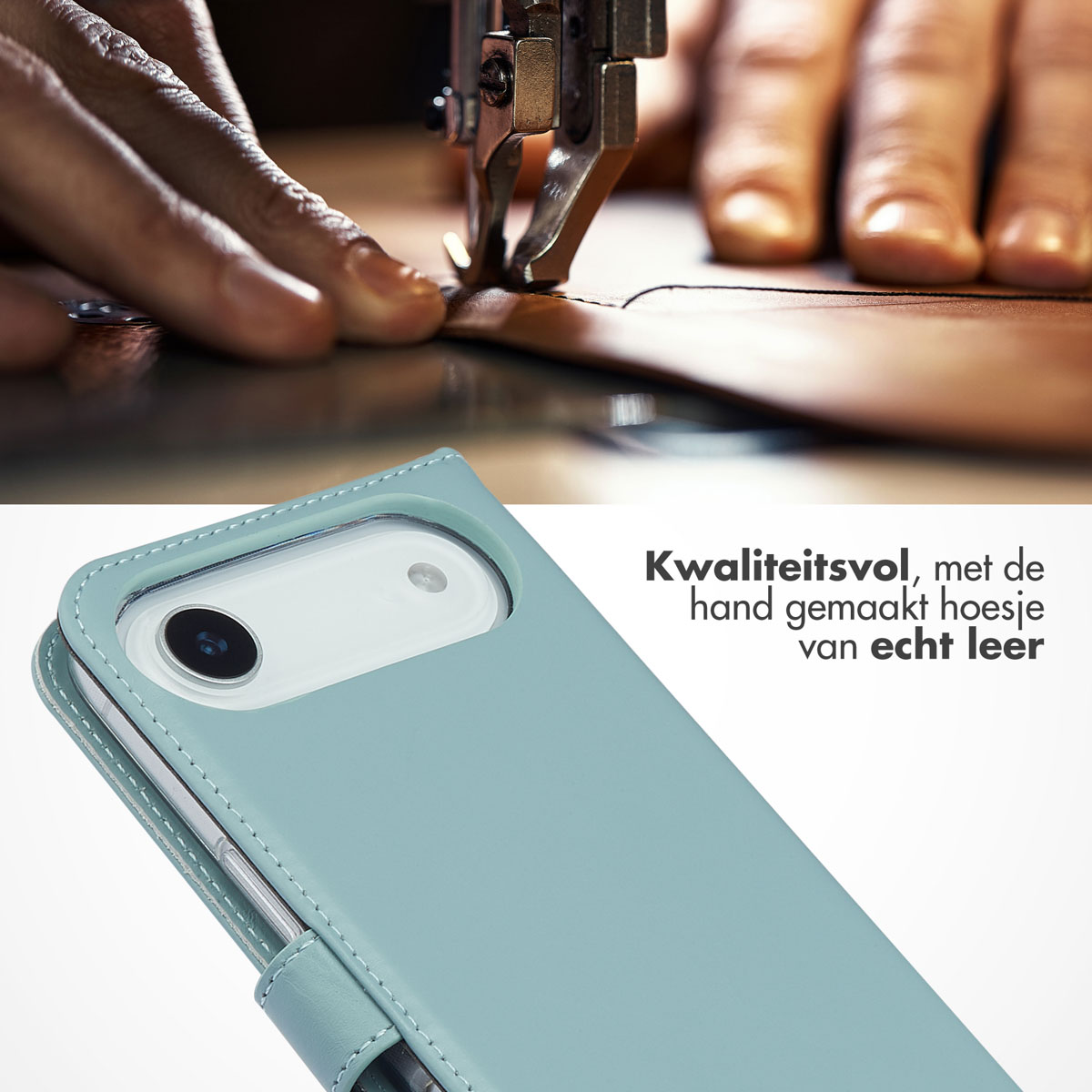Een lichtblauwe telefoonhoes wordt genaaid. De hoes is van leer en heeft een telefoon erin.