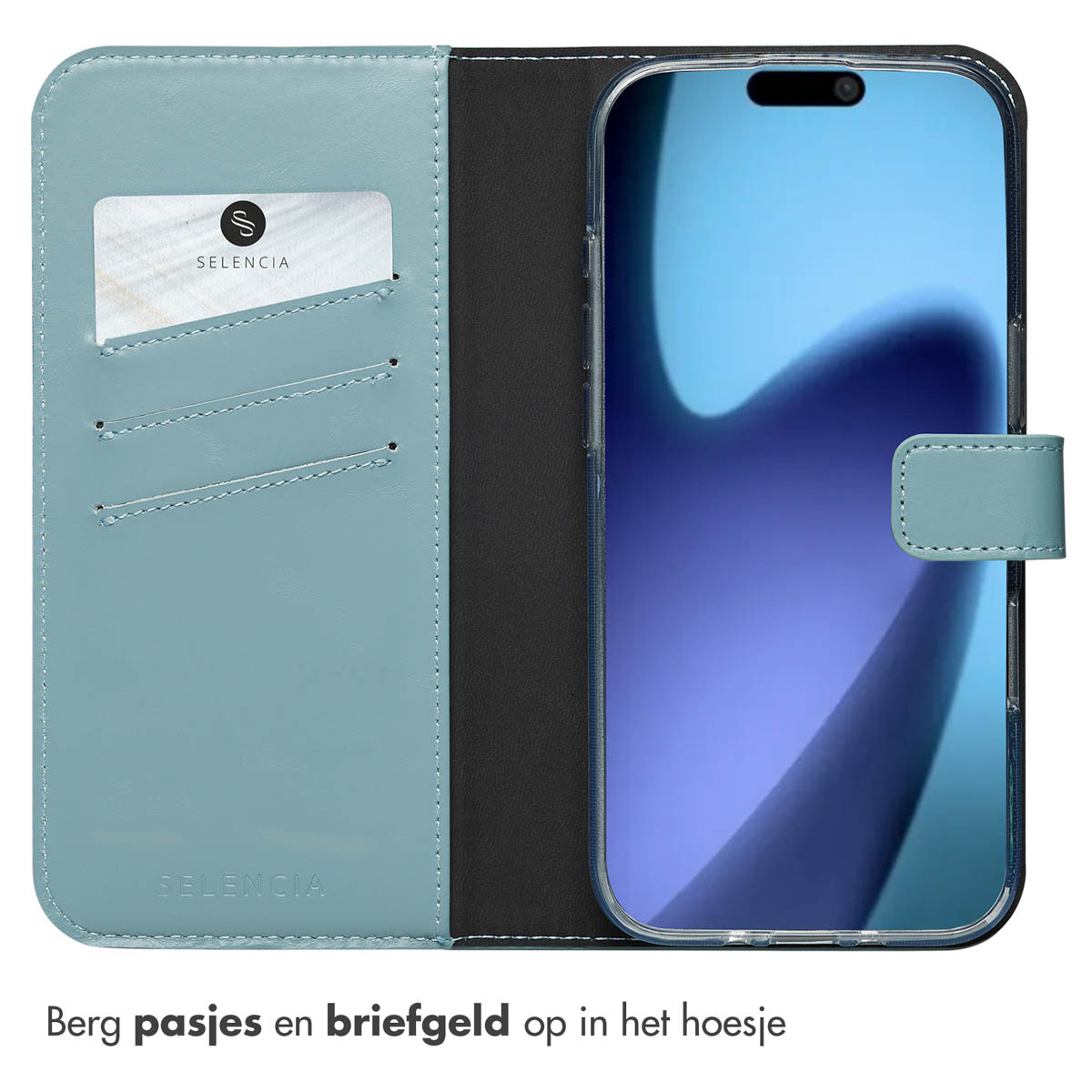 Lichtblauwe telefoonhoes, open, met een kaart en een telefoon erin. SELENCIA logo is zichtbaar.
