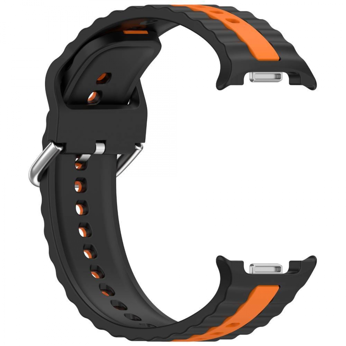 Ein schwarzes Uhrenarmband mit orangefarbenen Akzenten wird auf einem weißen Hintergrund angezeigt.