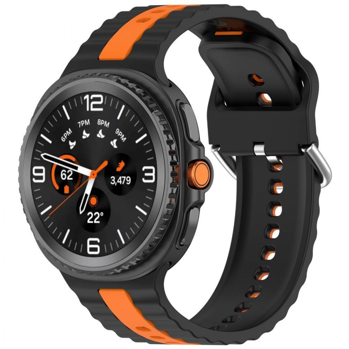Eine schwarze Smartwatch mit orangefarbenen Akzenten, die Uhrzeit und Aktivitätsdaten anzeigt.