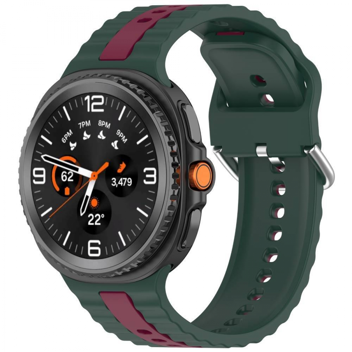 Eine Smartwatch mit grünem Armband zeigt die Uhrzeit 9:02 und eine Temperatur von 22 Grad an.