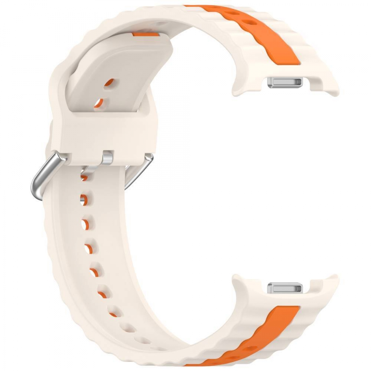 Ein weißes und orangefarbenes Uhrenarmband. Weißes Außenband mit orangefarbenen Streifen und silberner Schnalle.