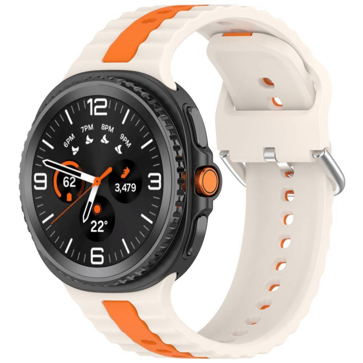 Eine Smartwatch mit weißem und orangefarbenem Armband. Schwarzes Zifferblatt mit orangefarbenen Akzenten.