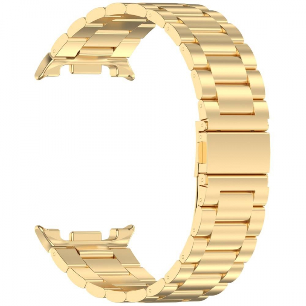 Ein goldenes Uhrenarmband mit rechteckigen Gliedern und einem Verschluss. Gebogene Form.