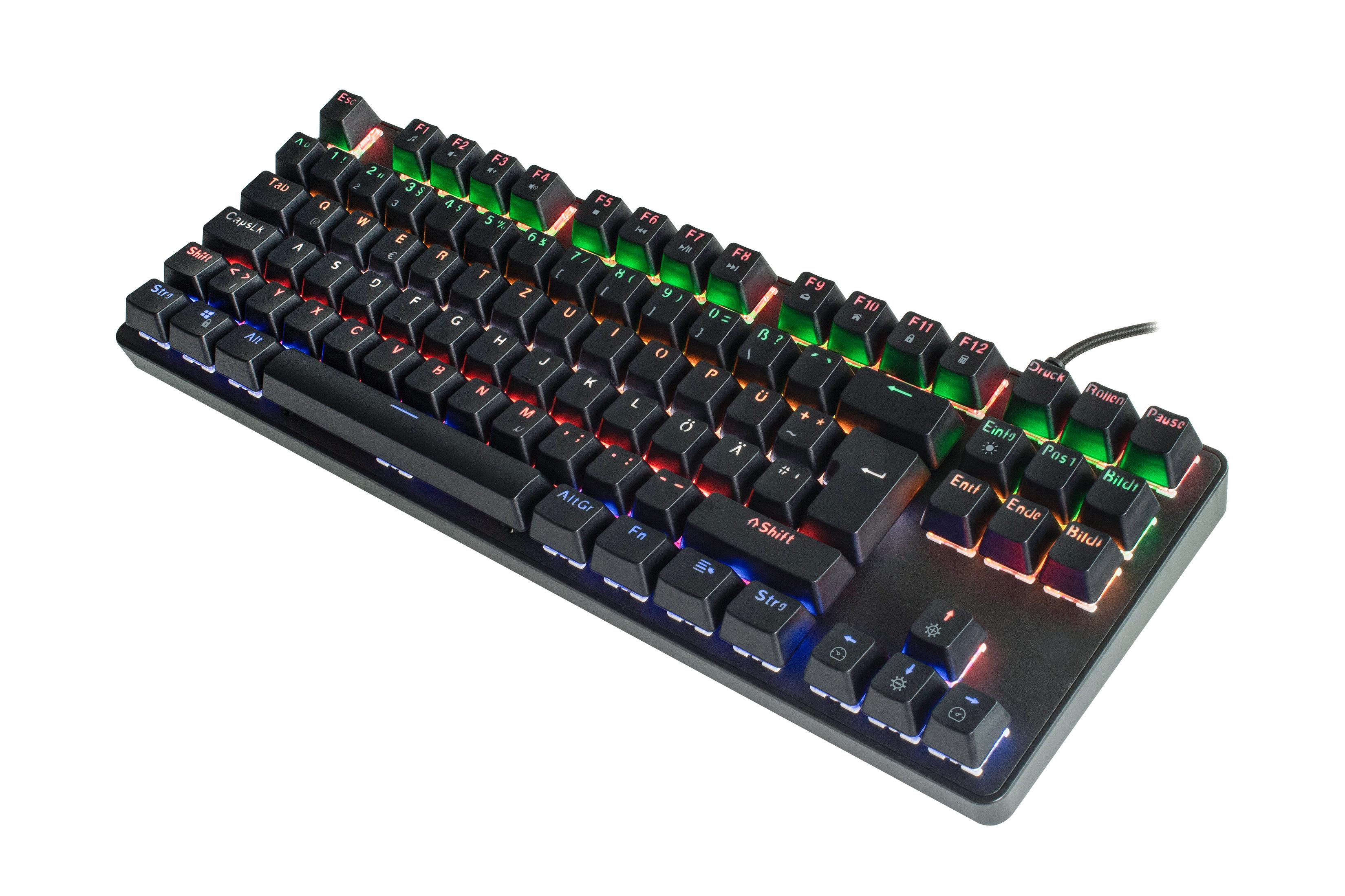 Schwarze Tastatur mit beleuchteten Tasten. Farben: Rot, Grün, Blau. Schräge Ansicht auf weißem Grund.