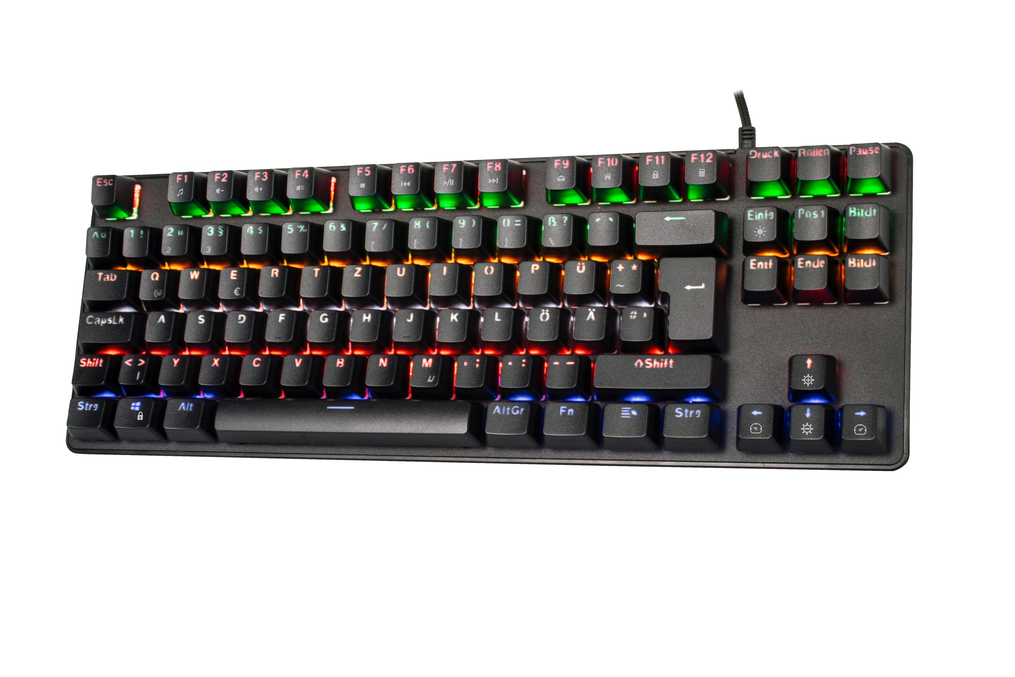 Schwarze Tastatur mit beleuchteten Tasten, schräge Ansicht, weißer Hintergrund. Farben sind rot, grün, blau.