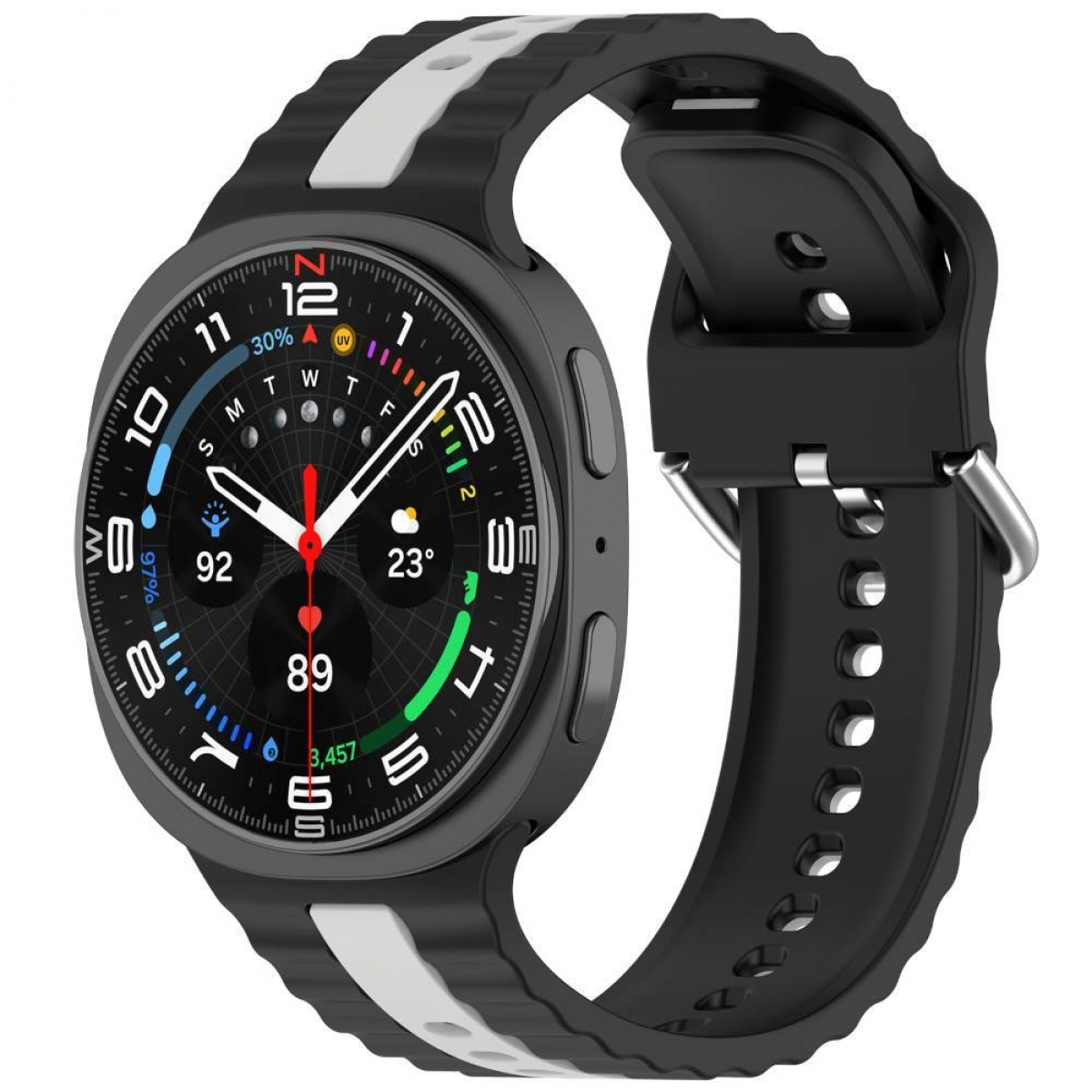 Eine Smartwatch mit schwarzem Armband, weißen Akzenten und farbenfrohem Zifferblatt.