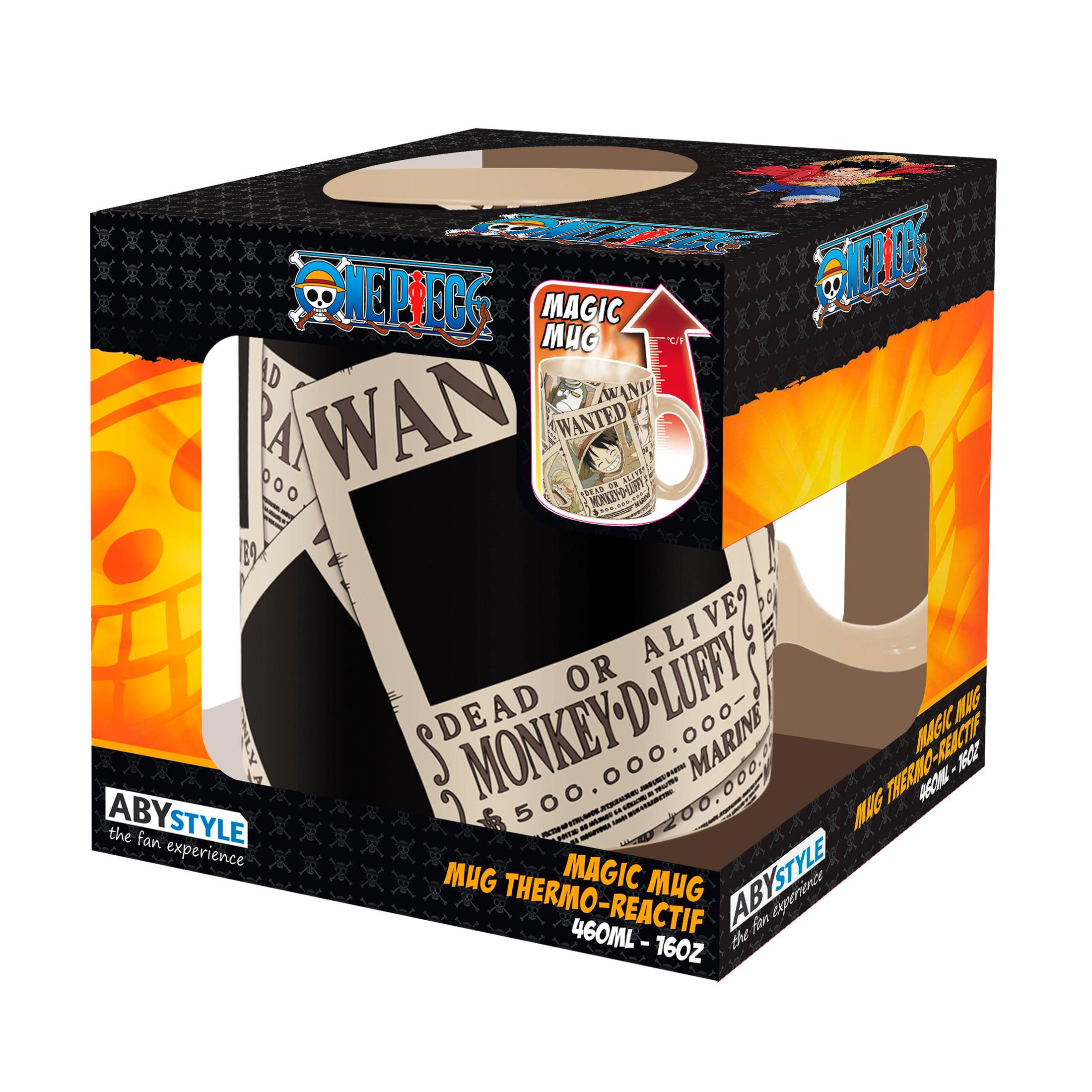 Eine One Piece Themen-Tassenbox mit einem Ausschnitt, der eine Wanted-Poster-Tasse zeigt.