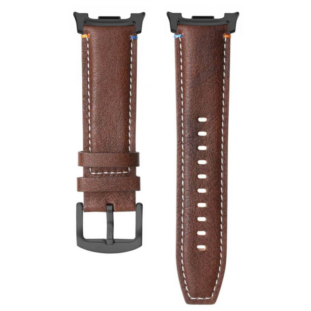 Ein braunes Lederarmband mit weißen Nähten und schwarzen Beschlägen.