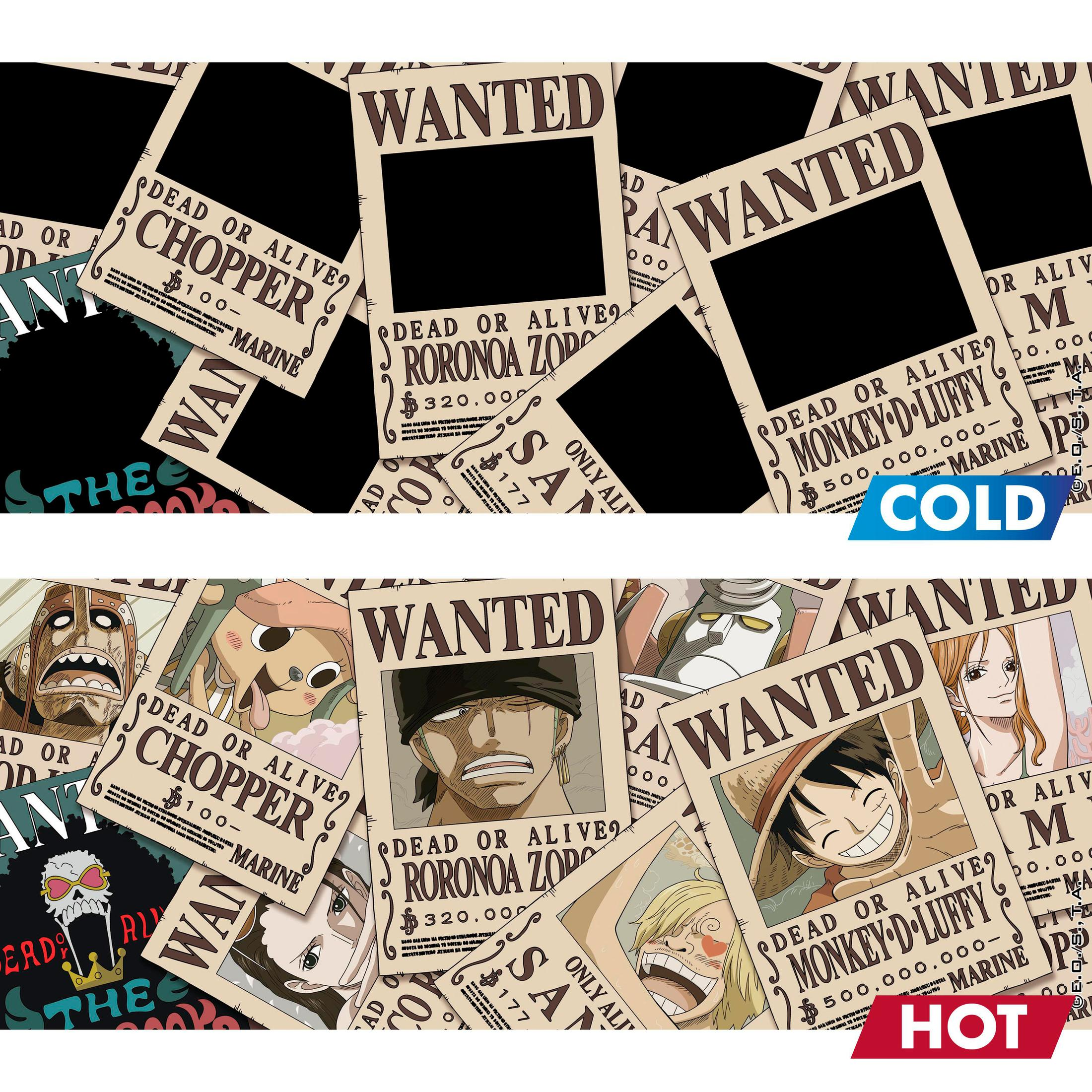 Das Bild zeigt One Piece Wanted-Poster, wobei die obere Hälfte in Monochrom und die untere Hälfte in Farbe ist.