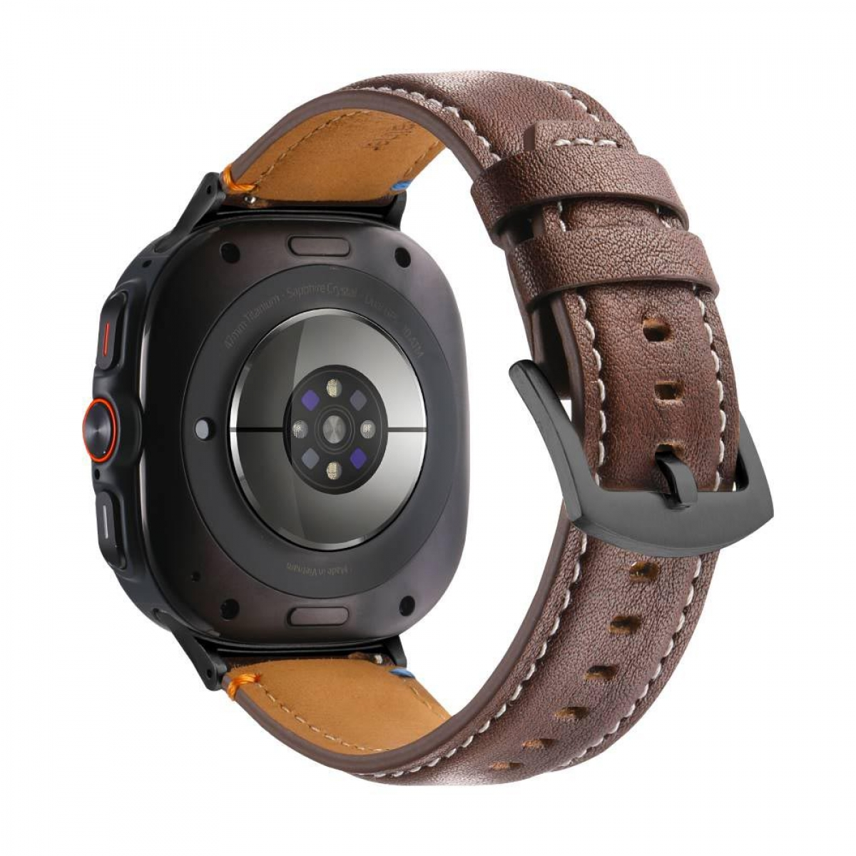 Eine Smartwatch mit einem braunen Lederarmband. Das Zifferblatt ist schwarz und hat einen runden Bildschirm.