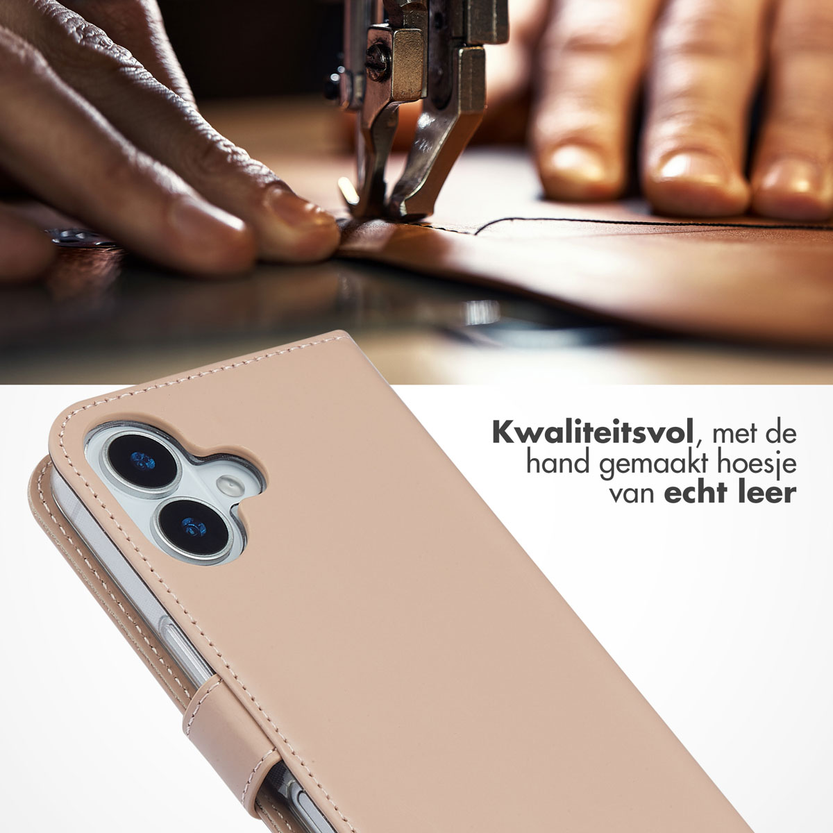 Close-up van een lichtroze leren portemonnee telefoonhoesje met zichtbare cameralenzen, met naaiwerk op de achtergrond.