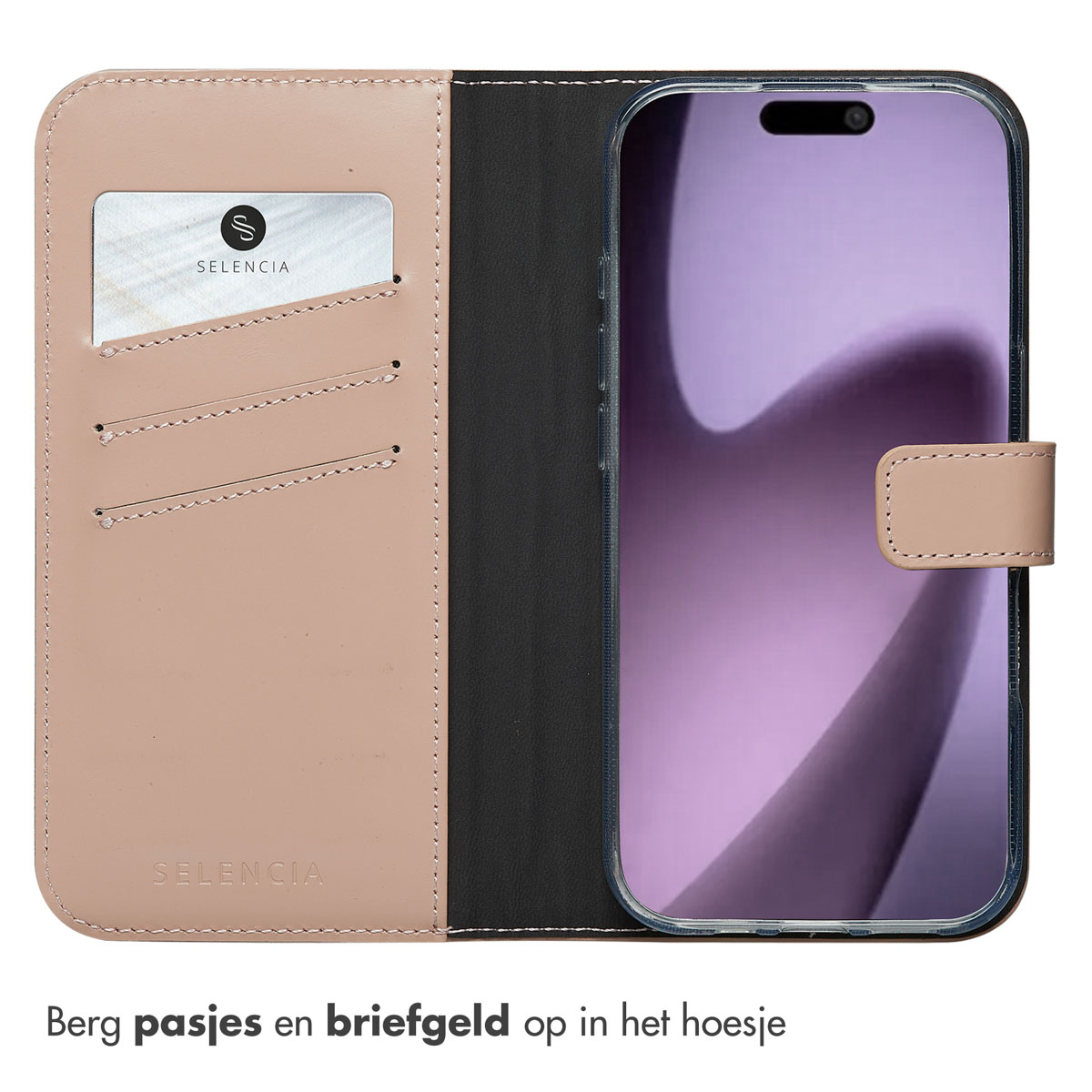 Een open lichtroze portemonnee telefoonhoesje met sleuven voor kaarten en een zwarte telefoonhouder aan de rechterkant.