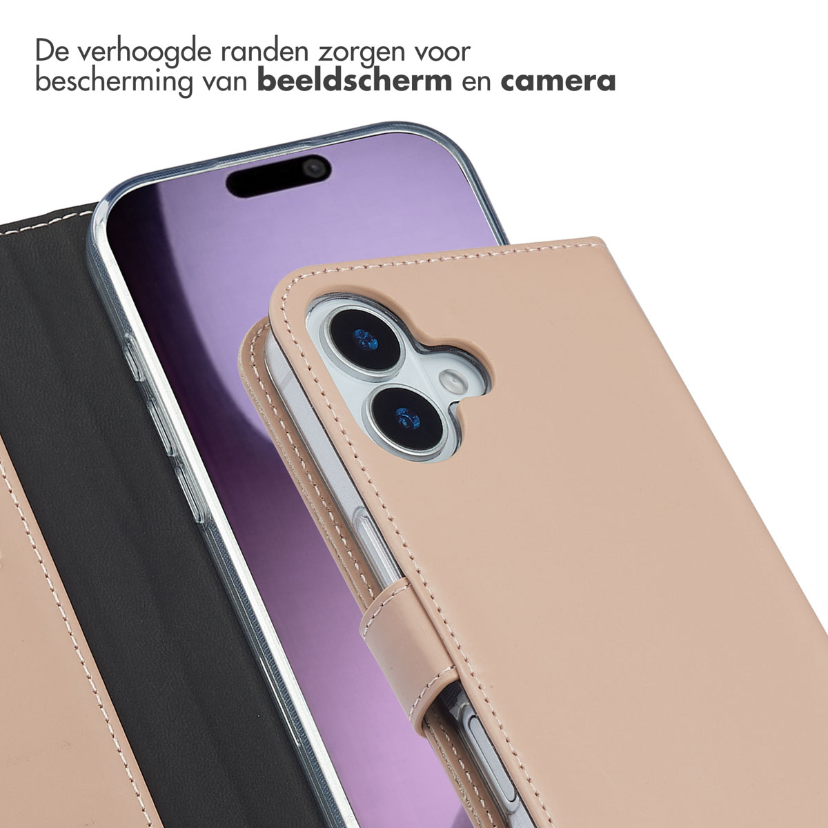 Een lichtroze portemonnee telefoonhoesje beschermt een telefoon met een paars scherm.
