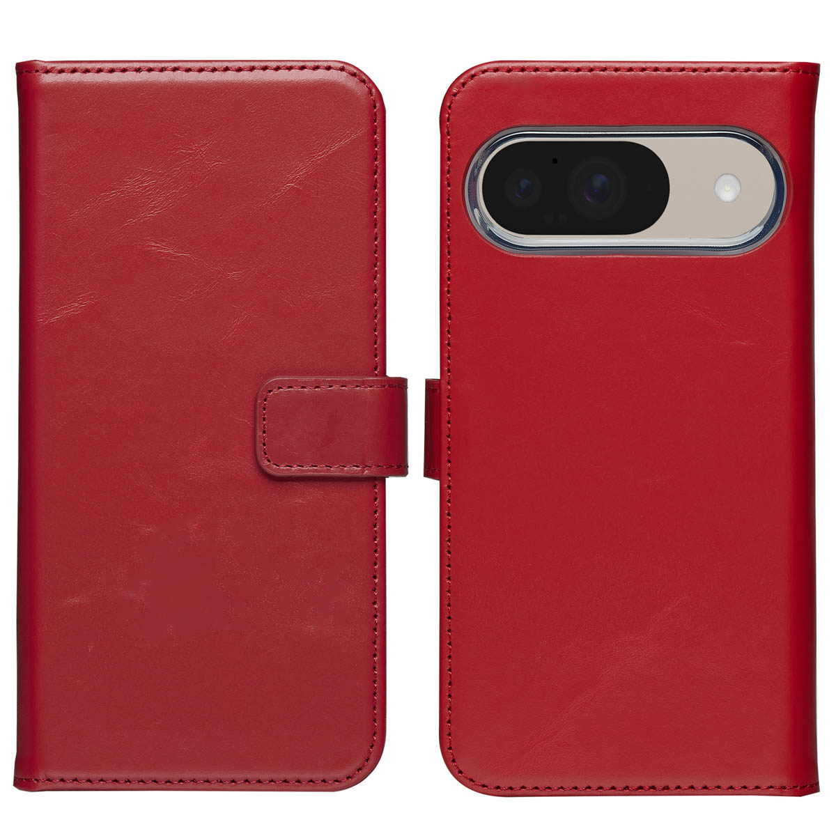Un étui de téléphone rouge de style portefeuille, ouvert pour révéler le compartiment du téléphone et les fentes pour cartes.