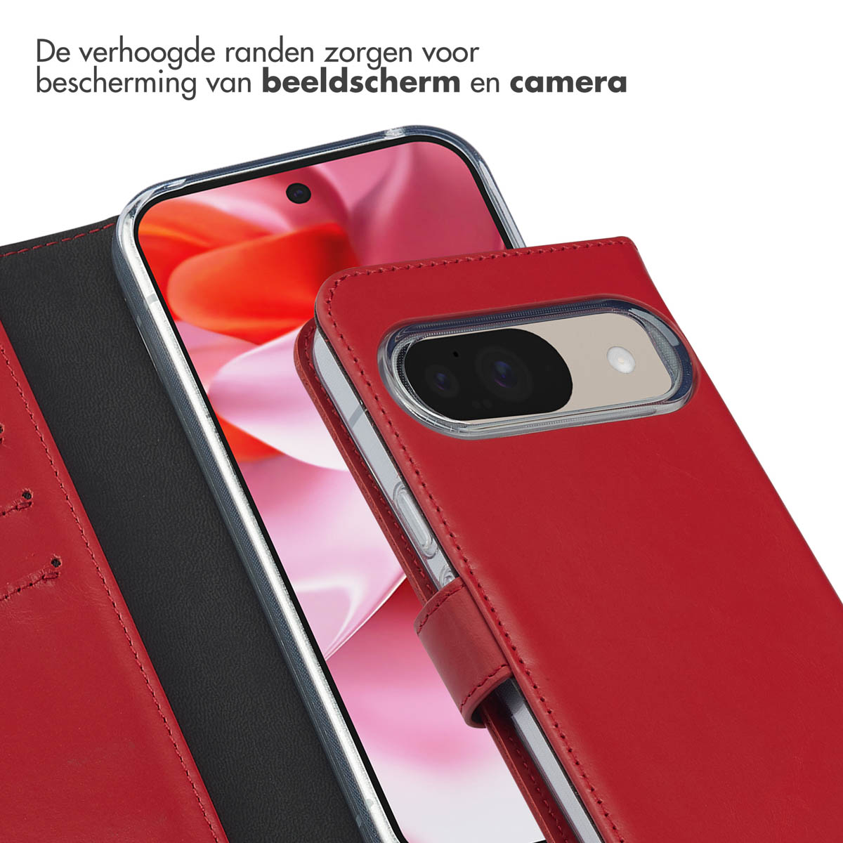 Un étui de téléphone portefeuille rouge protège un téléphone avec un écran.