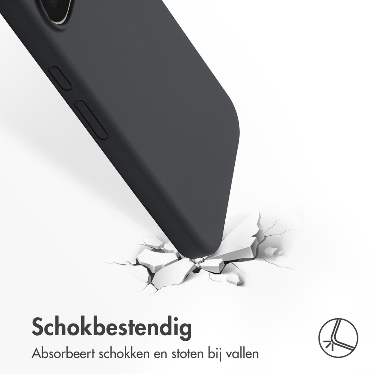 Un étui de téléphone noir est montré absorbant les chocs lorsqu'il frappe une surface, étiqueté « Schokbestendig ».