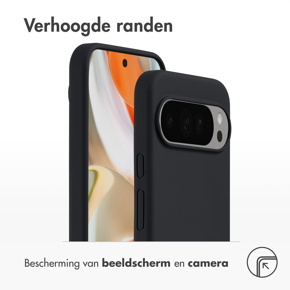Un étui de téléphone noir avec des bords surélevés est présenté, protégeant l'écran et la caméra, étiqueté « Verhoogde randen ».