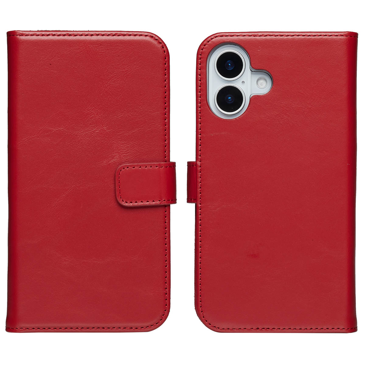 Open rode leren portemonneehoes voor een telefoon, met de camera-uitsparing.
