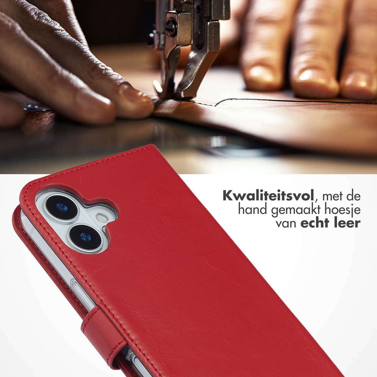 Rode leren telefoon portemonnee hoes met een zichtbare camera en naaimachine achtergrond.