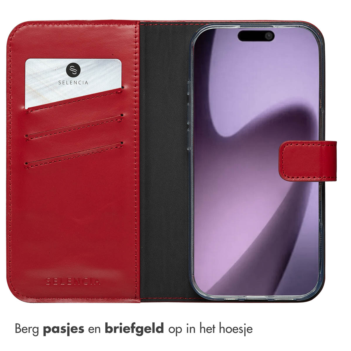 Open rode portemonneehoes met kaartsleuven en een telefoon in een doorzichtige hoes.