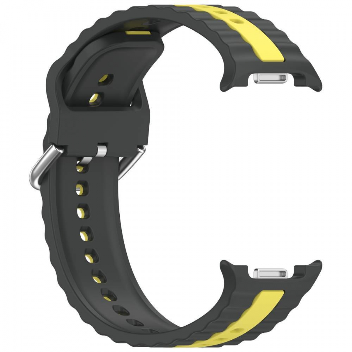 Ein schwarzes und gelbes Uhrenarmband mit einer silbernen Schnalle wird auf einem weißen Hintergrund angezeigt.