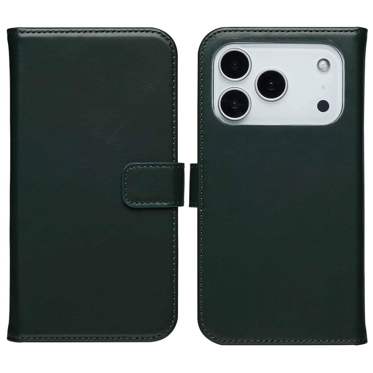 Een donkergroene leren wallet-telefoonhoes wordt open en gesloten weergegeven op een witte achtergrond.
