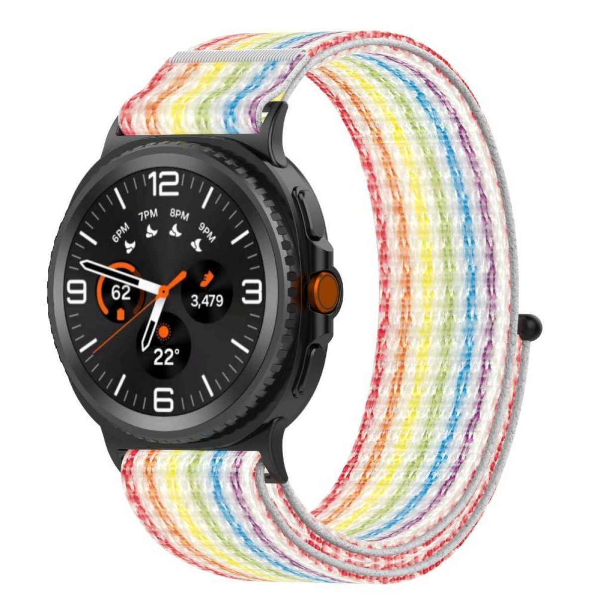 Smartwatch mit Regenbogenband, schwarzem Gehäuse und digitaler Anzeige mit Uhrzeit, Datum und Schritten.