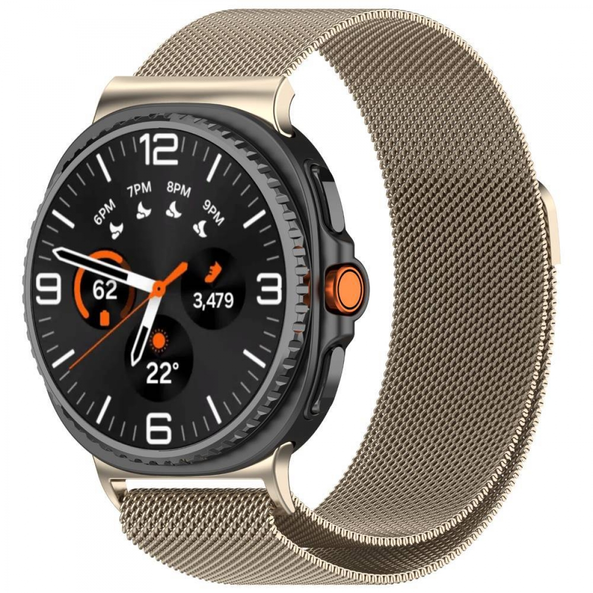 Smartwatch mit goldenem metallischem Uhrenarmband. Schwarzes Zifferblatt mit orangefarbenen Akzenten.