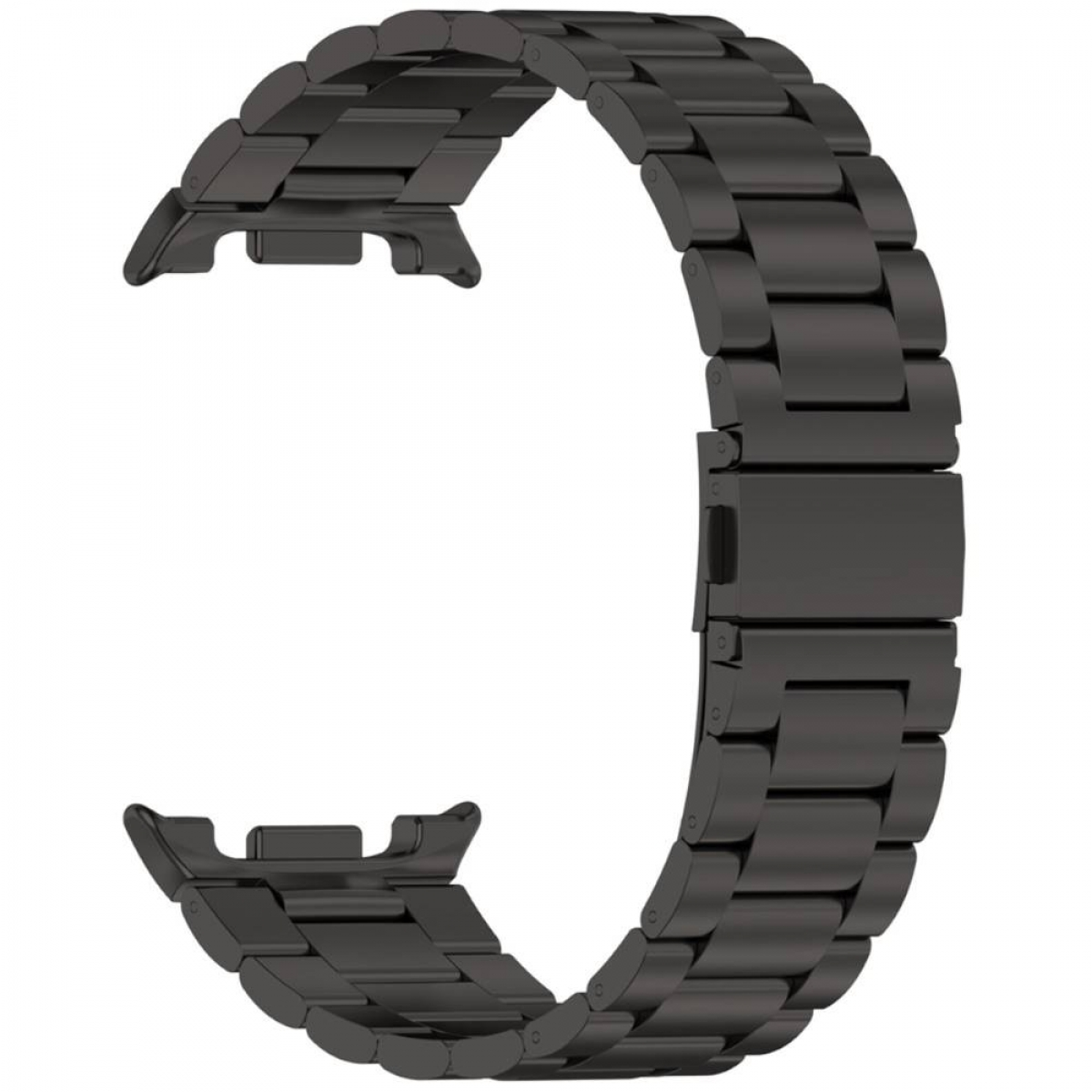 Ein schwarzes Uhrenarmband in gebogener Form auf weißem Hintergrund. Es ist aus Metall.
