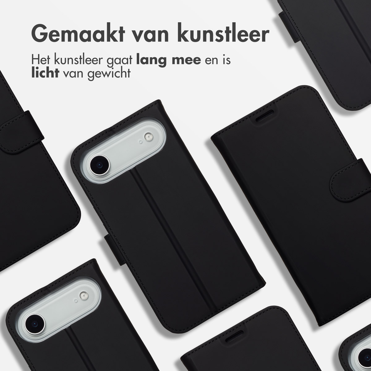 Verschillende zwarte telefoonhoesjes gerangschikt. De tekst zegt: Gemaakt van synthetisch leer. Het is duurzaam.